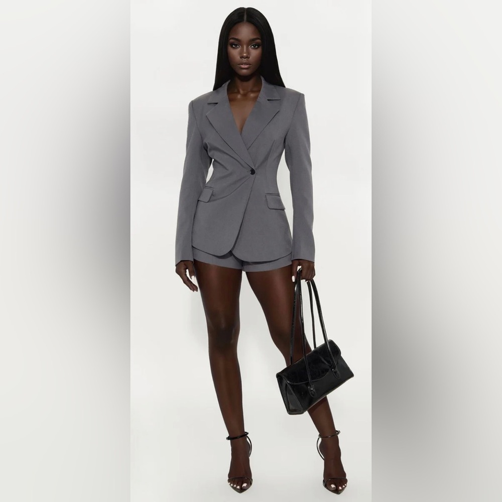 Fashion Nova Ines Cinched Waist Asymmetrical Blazer - Grey